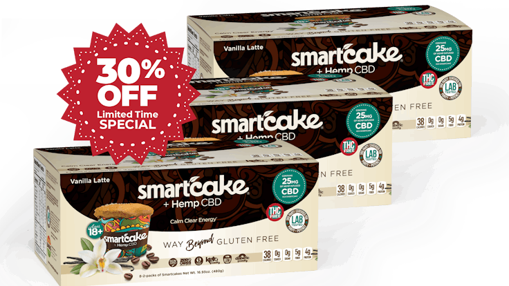 Order Three Packs of Smartcakes+Hemp CBD (48 Smartcake total) and save 30%!