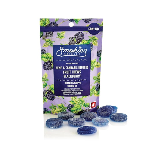 Smokiez Edibles: Blackberry 100mg CBN : 100mg THC Fruit Chews 10pc - Oregon | Leafly