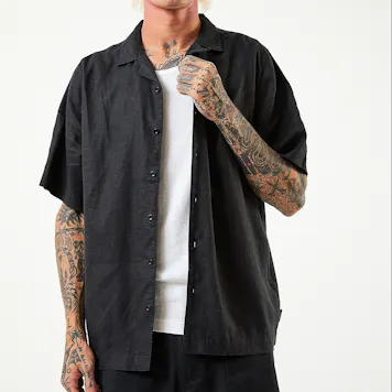 Photo of Afends Mens Daily - THC Essentials - Hemp Cuban Short Sleeve Shirt - Black