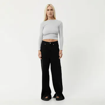 Photo of Afends Womens Peony - THC Essentials - Hemp Ribbed Long Sleeve Top - Smoke