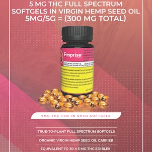 Photo of 5 mg THC Full Spectrum Softgels in Virgin Organic Hemp Seed Oil (30sg = 150mg THC)