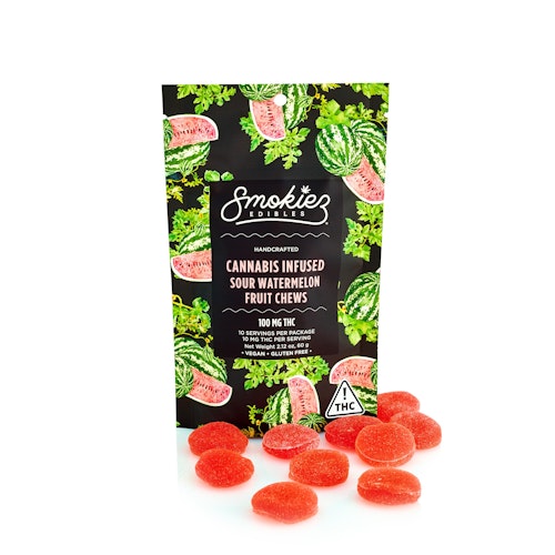 Smokiez Edibles: Sour Watermelon Hybrid 100mg THC Fruit Chews - Nevada | Leafly