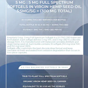 Photo of 5 mg : 5 mg Full Spectrum Softgels in Virgin Organic Hemp Seed Oil (30sg = 150mg THC : 150mg CBD)