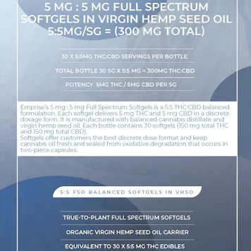 Photo of 5 mg : 5 mg Full Spectrum Softgels in Virgin Organic Hemp Seed Oil (30sg = 150mg THC : 150mg CBD)