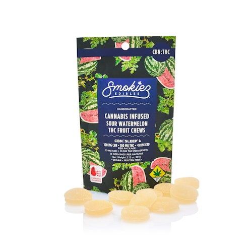 Smokiez Edibles: CBN:THC 1:1 Sour Watermelon 100mg CBN:100mg THC Fruit Chews - Washington | Leafly