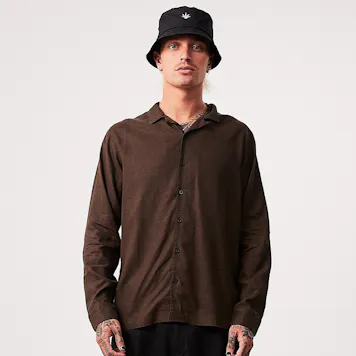 Photo of Afends Mens Critical - THC Essentials - Hemp Cuban Long Sleeve Shirt - Coffee
