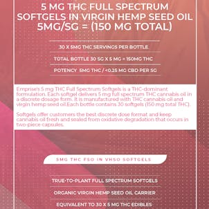 Photo of 5 mg THC Full Spectrum Softgels in Virgin Organic Hemp Seed Oil (30sg = 150mg THC)
