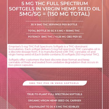 Photo of 5 mg THC Full Spectrum Softgels in Virgin Organic Hemp Seed Oil (30sg = 150mg THC)