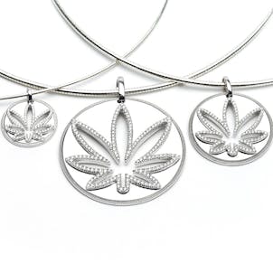 Photo of Modern 7 Leaf Sterling Silver Cutout Disc Pendant with White Diamonds
