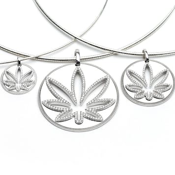 Photo of Modern 7 Leaf Sterling Silver Cutout Disc Pendant with White Diamonds