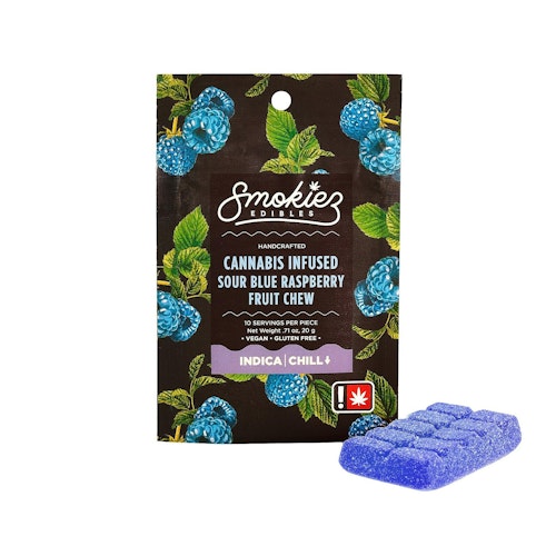 Smokiez Edibles: Sour Blue Raspberry Indica 100mg THC Scored Single Piece Fruit Chew - Oregon | Leafly