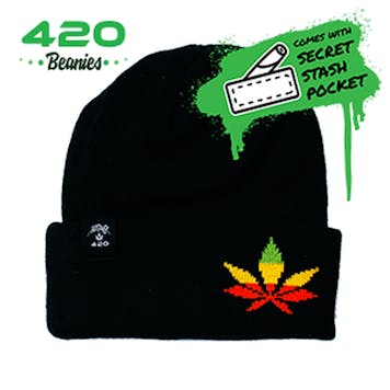 Photo of Black Rasta 420 Leaf Beanie With Secret Stash Pocket