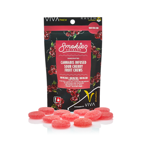 Smokiez Edibles: Sour Cherry 100mg THCV : 100mg THC : 100mg CBD Fruit Chews - Oregon | Leafly
