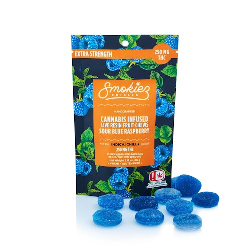 Smokiez Edibles: Sour Blue Raspberry Indica 250mg THC Live Resin Fruit Chews - Oklahoma | Leafly