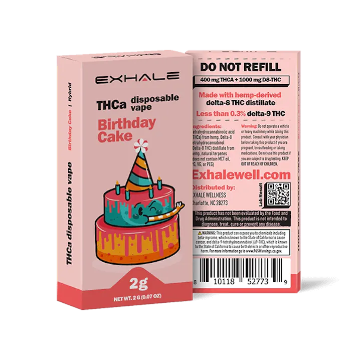 EXHALE WELLNESS: Exhale Wellness - Birthday Cake - THCa + Delta 8 THC  Disposable Vape - 2g | Leafly