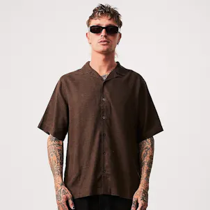Photo of Afends Mens Daily - THC Essentials - Hemp Cuban Short Sleeve Shirt - Coffee