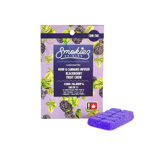 Smokiez Edibles: Blackberry 100mg CBN : 100mg THC Scored Single Piece Fruit Chew - Oregon | Leafly