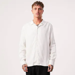Photo of Afends Mens Critical - THC Essentials - Hemp Cuban Long Sleeve Shirt - White