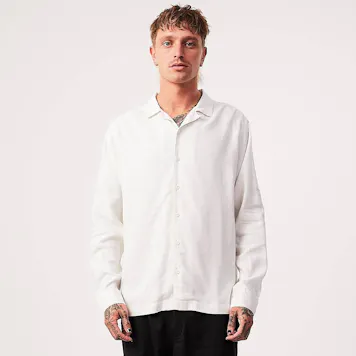 Photo of Afends Mens Critical - THC Essentials - Hemp Cuban Long Sleeve Shirt - White