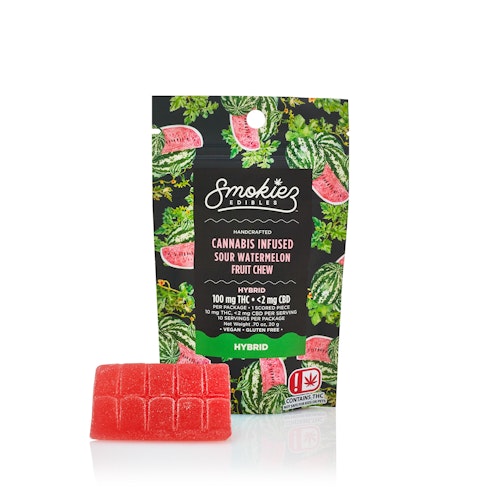 Smokiez Edibles: Sour Watermelon Hybrid Scored-Single Piece 100mg THC Fruit Chew - Oklahoma | Leafly