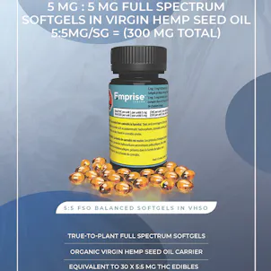 Photo of 5 mg : 5 mg Full Spectrum Softgels in Virgin Organic Hemp Seed Oil (30sg = 150mg THC : 150mg CBD)