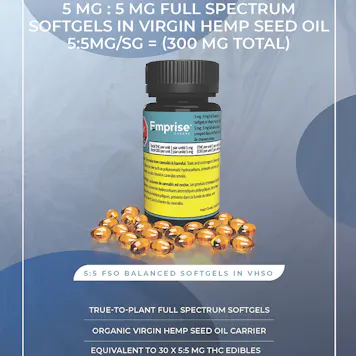 Photo of 5 mg : 5 mg Full Spectrum Softgels in Virgin Organic Hemp Seed Oil (30sg = 150mg THC : 150mg CBD)