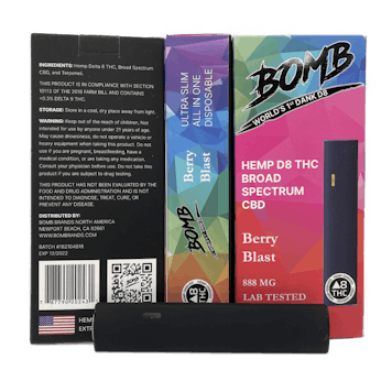 Photo of BOMB Berry Blast Live Resin Hemp D-8-THC Disposable Vaporizer