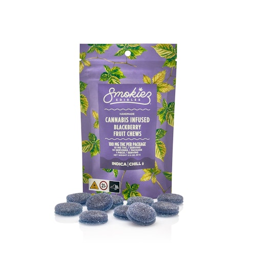 Smokiez Edibles: Blackberry Indica 100mg THC Fruit Chews - New York | Leafly