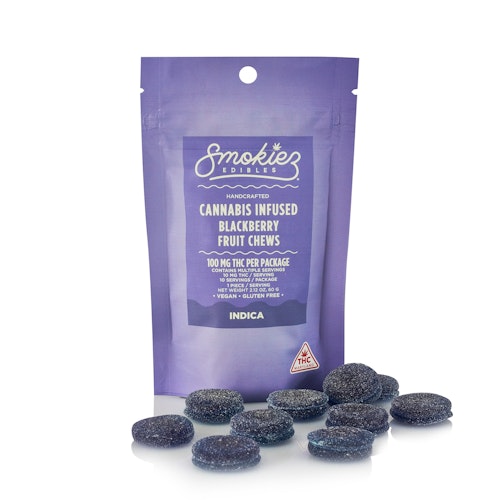 Smokiez Edibles: Blackberry Indica 100mg THC Fruit Chews - Maryland | Leafly