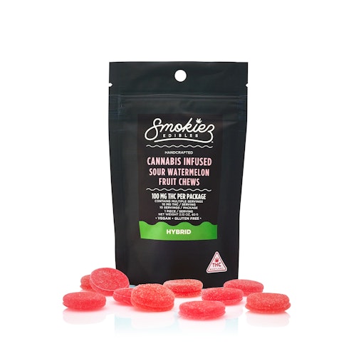 Smokiez Edibles: Sour Watermelon Hybrid 100mg THC Fruit Chews - Maryland | Leafly