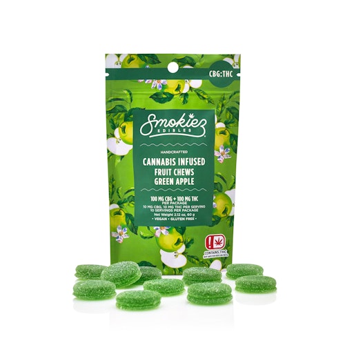 Smokiez Edibles: CBG:THC 1:1 Green Apple 100mg CBG:100mg THC Fruit Chews - Oklahoma | Leafly