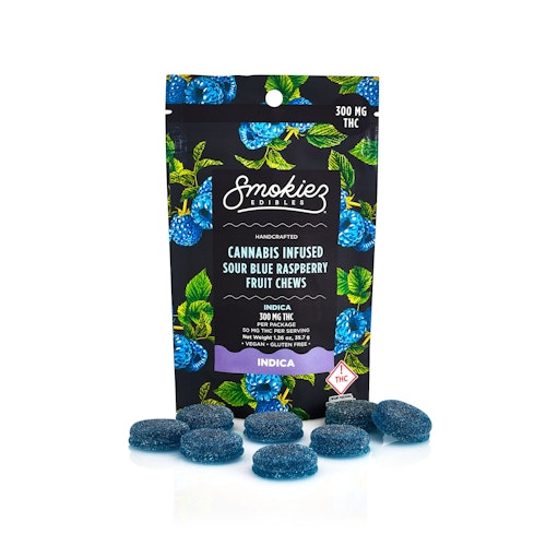 Smokiez Edibles: Sour Blue Raspberry Indica 300mg THC Fruit Chews - Ohio | Leafly