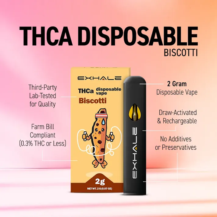 exhale wellness disposable vape WELLNESS: Exhale - Biscotti - THCa + Delta 8 THC - 2g Lost Mary Cherry Cola FEELM Max Nicotine:12 MG
