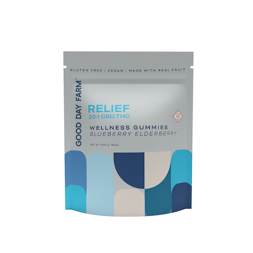 Good Day Farm: RELIEF 20:1 Blueberry Elderberry | Wellness Gummies | 10pk | 500mg CBD, 25mg THC