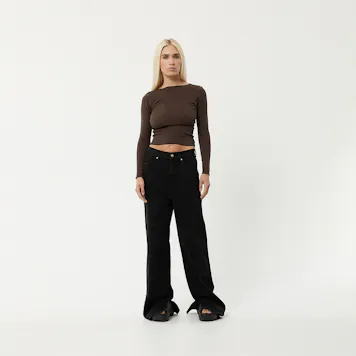 Photo of Afends Womens Peony - THC Essentials - Hemp Ribbed Long Sleeve Top - Coffee