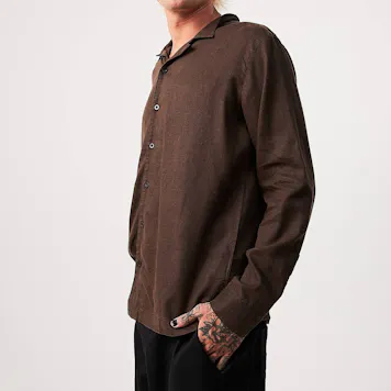 Photo of Afends Mens Critical - THC Essentials - Hemp Cuban Long Sleeve Shirt - Coffee