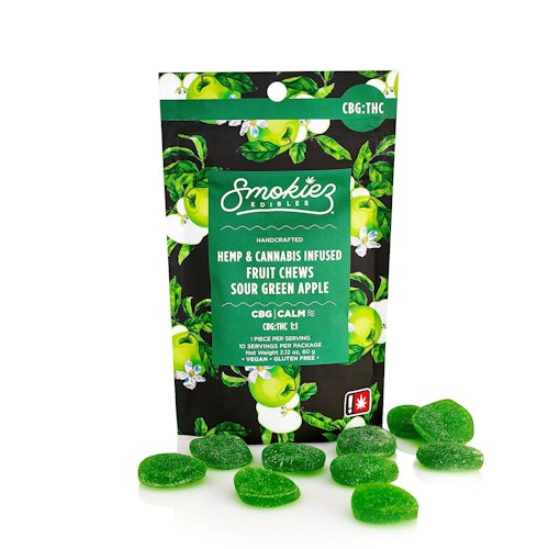 Smokiez Edibles: Sour Green Apple 100mg CBG : 100mg THC Fruit Chews - Oregon | Leafly