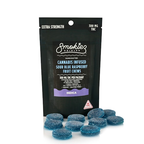 Smokiez Edibles: Sour Blue Raspberry Indica 300mg THC Fruit Chews - Maryland | Leafly