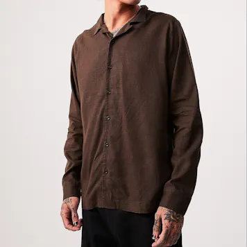 Photo of Afends Mens Critical - THC Essentials - Hemp Cuban Long Sleeve Shirt - Coffee