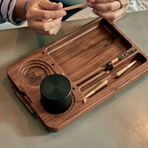 Photo of Jay Mill- Black Walnut Wood Joint Rolling Tray, Rolling Paper Storage, Grinder & Storage Jar Base