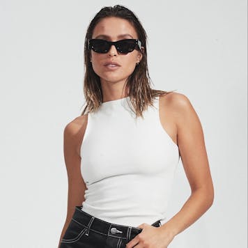 Photo of Afends Womens Peony - THC Essentials - Hemp Ribbed High Neck Tank - Off White