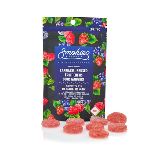 Smokiez Edibles: CBN:THC 1:1 Sour Jamberry 100mg CBN:100mg THC Fruit Chews - Ohio | Leafly