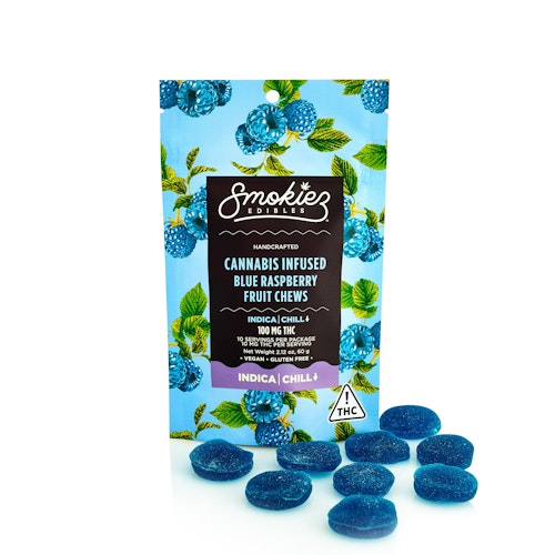 Smokiez Edibles: Blue Raspberry Indica 100mg THC Fruit Chews - Nevada | Leafly