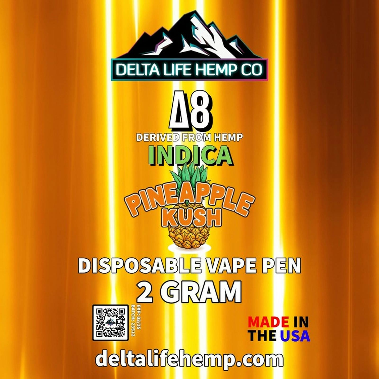 Delta Life Hemp Delta 8 Pineapple Kush 1 Gram Indica Vape Cartridge
