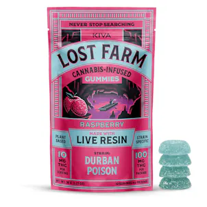 Photo of 10mg Lost Farm 'Durban Poison x Raspberry' Live Resin Gummies 100mg THC total